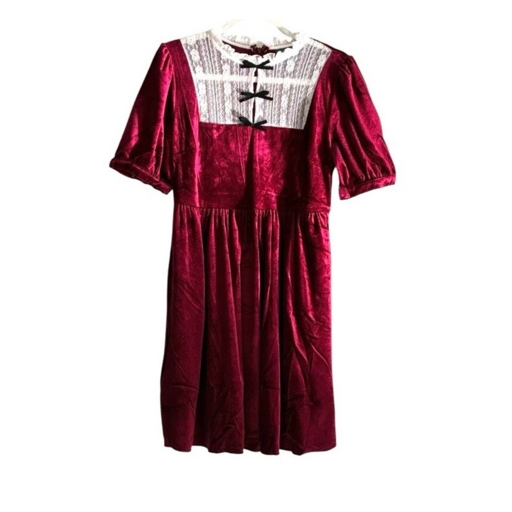 ModCloth Maroon Velvet Lace Yoke Dress Beetroot Victorian Prairie Large NEW